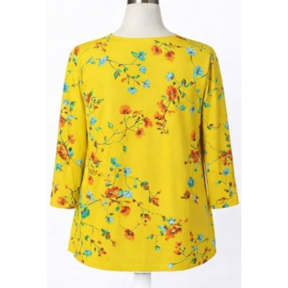 Susan Graver Liquid Knit Floral Peplum Tunic Yellow 3/4 Sleeve‎ Top 3X NEW - Picture 2 of 5